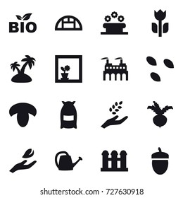16 vector icon set : bio, greenhouse, flower bed, island, flower in window, seeds, mushroom, flour, harvest, beet, hand leaf, watering can, grain elevator, acorn