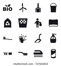16 vector icon set : bio, windmill, scoop, bucket, garbage bag, trash bin, trash, sponge, tooth brush, wiping, liquid soap, drying clothe, brush, cleanser powder