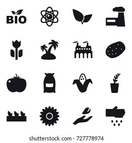 16 vector icon set : bio, atom, factory, island, flour, corn, seedling, flower, hand leaf, sow