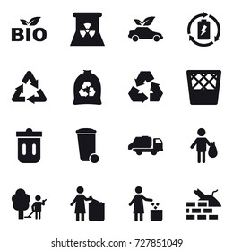 16 vector icon set : bio, nuclear power, eco car, battery charge, garbage bag, recycling, trash bin, trash truck, trash, garden cleaning, garbage bin, construct garbage