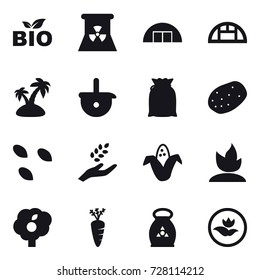 16 vector icon set : bio, nuclear power, hangare, greenhouse, island, seeds, harvest, corn, sprouting, garden, carrot, fertilizer, ecology
