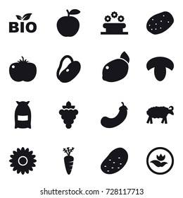 16 vector icon set : bio, flower bed, mushroom, flour, grape, eggplant, sheep, flower, carrot, potato, ecology