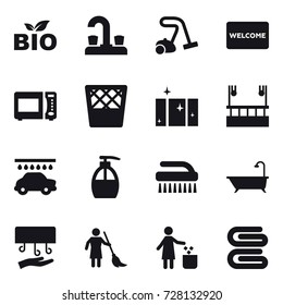 16 vector icon set : bio, water tap, vacuum cleaner, welcome mat, trash bin, clean  window, skyscapers cleaning, car wash, liquid soap, brush, bath, hand dryer, brooming, garbage bin