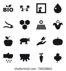 16 vector icon set : bio, palm hammock, flower in window, drop, walnut crack, honeycombs, field, corn, apple, sheep, hand leaf, pumpkin, sow, udder, carrot, maple leaf