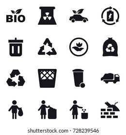 16 vector icon set : bio, nuclear power, eco car, battery charge, bin, ecology, garbage bag, recycling, trash bin, trash truck, trash, garbage bin, construct garbage