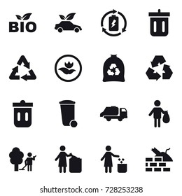 16 vector icon set : bio, eco car, battery charge, bin, ecology, garbage bag, recycling, trash bin, trash truck, trash, garden cleaning, garbage bin, construct garbage