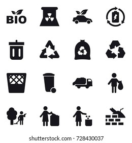 16 vector icon set : bio, nuclear power, eco car, battery charge, bin, garbage bag, recycling, trash bin, trash truck, trash, garden cleaning, garbage bin, construct garbage