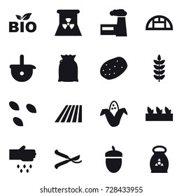 16 vector icon set : bio, nuclear power, factory, greenhouse, seeds, field, corn, seedling, sow, pruner, acorn, fertilizer