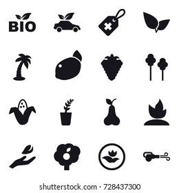 16 vector icon set : bio, eco car, palm, berry, trees, corn, seedling, pear, sprouting, hand leaf, garden, ecology, blower