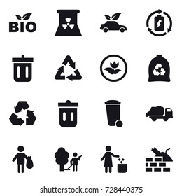16 vector icon set : bio, nuclear power, eco car, battery charge, bin, ecology, garbage bag, recycling, trash bin, trash truck, trash, garden cleaning, garbage bin, construct garbage