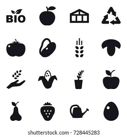 16 vector icon set : bio, greenhouse, spikelets, mushroom, harvest, corn, seedling, apple, pear, strawberry, watering can, egg