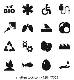 16 vector icon set : bio, shark flipper, seedling, sprouting, fish, egg, hand and drop
