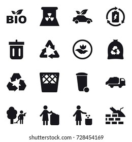 16 vector icon set : bio, nuclear power, eco car, battery charge, bin, ecology, garbage bag, recycling, trash bin, trash truck, garden cleaning, garbage bin, construct garbage