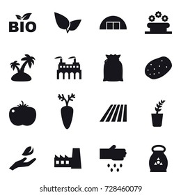16 vector icon set : bio, hangare, flower bed, island, field, seedling, hand leaf, factory, sow, fertilizer