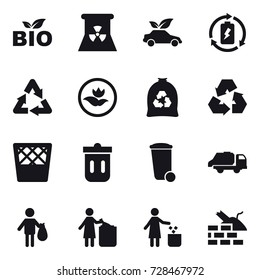16 vector icon set : bio, nuclear power, eco car, battery charge, ecology, garbage bag, recycling, trash bin, trash truck, trash, garbage bin, construct garbage