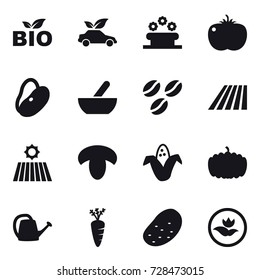 16 vector icon set : bio, eco car, flower bed, mortar, coffee seeds, field, mushroom, corn, pumpkin, watering can, carrot, potato, ecology