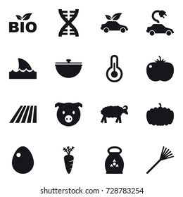 16 vector icon set : bio, dna, eco car, electric car, shark flipper, cauldron, field, pig, sheep, pumpkin, egg, carrot, fertilizer, rake