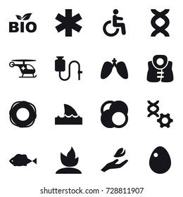 16 vector icon set : bio, life vest, lifebuoy, shark flipper, sprouting, hand leaf, egg