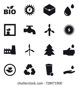 16 vector icon set : bio, sun power, box, flower in window, water tap, factory, windmill, spruce, hand drop, ecology, recycling, trash bin, hand and drop