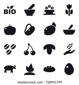16 vector icon set : bio, flower bed, mortar, coffee seeds, cherry, mushroom, harvest, sheep, sprouting, bread, egg