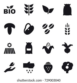 16 vector icon set : bio, coffee seeds, spikelets, field, flour, corn, beet, hand leaf, sow, strawberry, garden