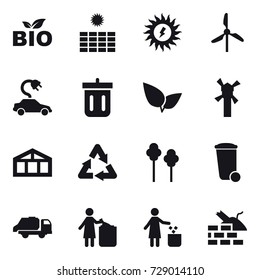 16 vector icon set : bio, sun power, windmill, electric car, bin, greenhouse, trees, trash bin, trash truck, garbage bin, construct garbage