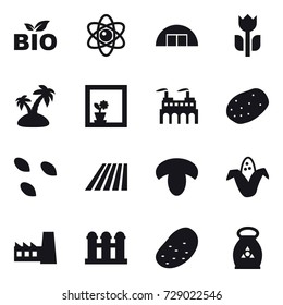 16 vector icon set : bio, atom, hangare, island, flower in window, seeds, field, mushroom, corn, factory, grain elevator, potato, fertilizer