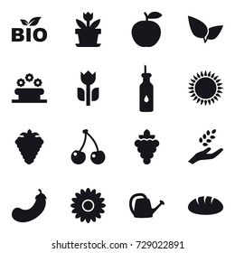 16 vector icon set : bio, flower, flower bed, berry, cherry, grape, harvest, eggplant, watering can, bread