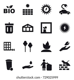 16 vector icon set : bio, sun power, electric car, bin, greenhouse, flower in window, trees, sprouting, hand leaf, trash bin, hand and drop, garbage bin, construct garbage