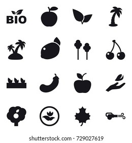 16 vector icon set : bio, palm, island, trees, cherry, seedling, eggplant, apple, hand leaf, garden, ecology, maple leaf, blower