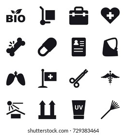 16 vector icon set : bio, cargo stoller, uv cream, rake