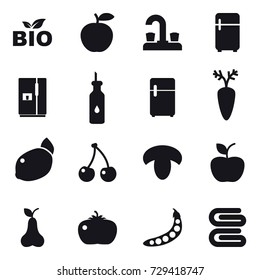 16 vector icon set : bio, water tap, fridge, cherry, mushroom, apple, pear, tomato, peas, stack of towels
