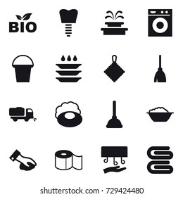 16 vector icon set : bio, fountain, washing machine, bucket, plate washing, rag, broom, sweeper, soap, plunger, foam basin, wiping, toilet paper, hand dryer, stack of towels