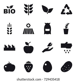 16 vector icon set : bio, spikelets, field, flour, seedling, apple, hand leaf, sow, tomato, strawberry, egg, potato