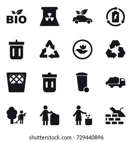 16 vector icon set : bio, nuclear power, eco car, battery charge, bin, ecology, recycling, trash bin, trash truck, garden cleaning, garbage bin, construct garbage
