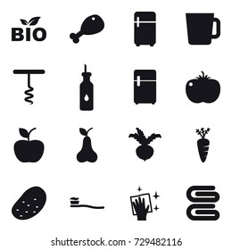 16 vector icon set : bio, chicken leg, fridge, cup, corkscrew, apple, pear, beet, carrot, potato, tooth brush, wiping, stack of towels