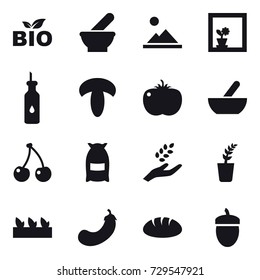 16 vector icon set : bio, landscape, flower in window, mortar, cherry, flour, harvest, seedling, eggplant, bread, acorn