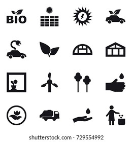 16 vector icon set : bio, sun power, eco car, electric car, greenhouse, flower in window, trees, hand drop, ecology, trash truck, hand and drop, garbage bin
