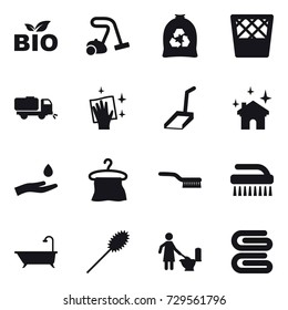 16 vector icon set : bio, vacuum cleaner, garbage bag, trash bin, sweeper, wiping, scoop, house cleaning, hand and drop, hanger, brush, bath, duster, toilet cleaning, stack of towels