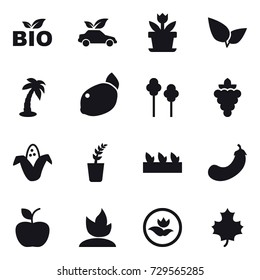 16 vector icon set : bio, eco car, flower, palm, trees, grape, corn, seedling, eggplant, apple, sprouting, ecology, maple leaf