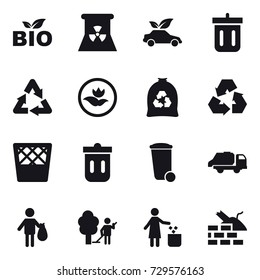 16 vector icon set : bio, nuclear power, eco car, bin, ecology, garbage bag, recycling, trash bin, trash truck, trash, garden cleaning, garbage bin, construct garbage