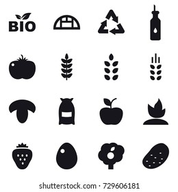 16 vector icon set : bio, greenhouse, spikelets, mushroom, flour, apple, sprouting, strawberry, egg, garden, potato