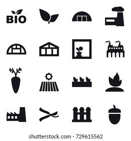 16 vector icon set : bio, hangare, factory, greenhouse, flower in window, field, seedling, sprouting, pruner, grain elevator, acorn