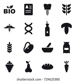 16 vector icon set : bio, mortar, flour, grape, pear, bread, carrot