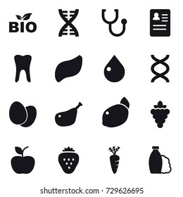 16 vector icon set : bio, dna, drop, grape, apple, strawberry, carrot, shampoo