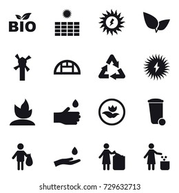 16 vector icon set : bio, sun power, windmill, greenhouse, sprouting, hand drop, ecology, trash bin, trash, hand and drop, garbage bin