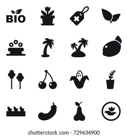 16 vector icon set : bio, flower, flower bed, palm, island, trees, cherry, corn, seedling, eggplant, pear, ecology