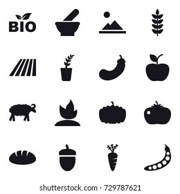 16 vector icon set : bio, landscape, field, seedling, eggplant, apple, sheep, sprouting, pumpkin, tomato, bread, acorn, carrot, peas