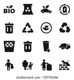 16 vector icon set : bio, nuclear power, eco car, battery charge, bin, ecology, recycling, trash bin, trash truck, trash, garden cleaning, garbage bin, construct garbage