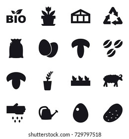 16 vector icon set : bio, flower, greenhouse, coffee seeds, mushroom, seedling, sheep, sow, watering can, egg, potato